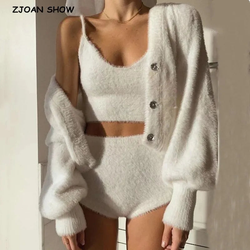 Vintage Set Shaggy Korea Style White Cardigan Furry Single-breasted Button Tank Top Knitted Sweater Jumper 1 Set - Matrix Studios