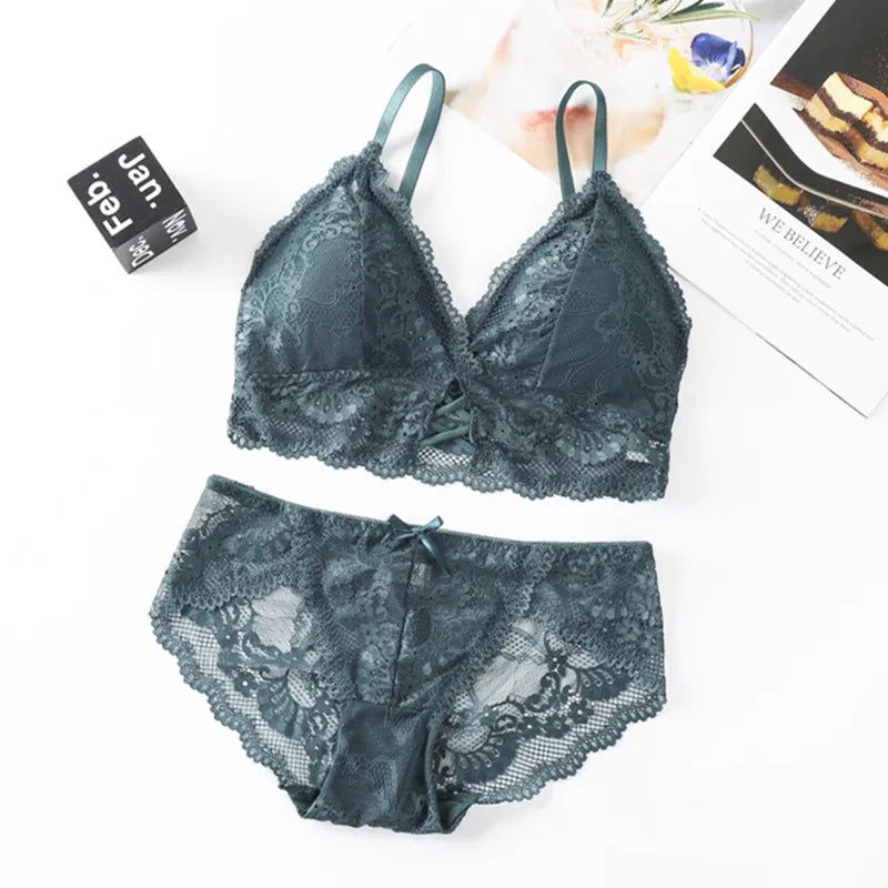 Women Lace Bra And Briefs Set Backless Bralette Solid Color Underwear Wireless Lace Bra Top Sexy Lingerie Set Female Intimates - Matrix-studios.com