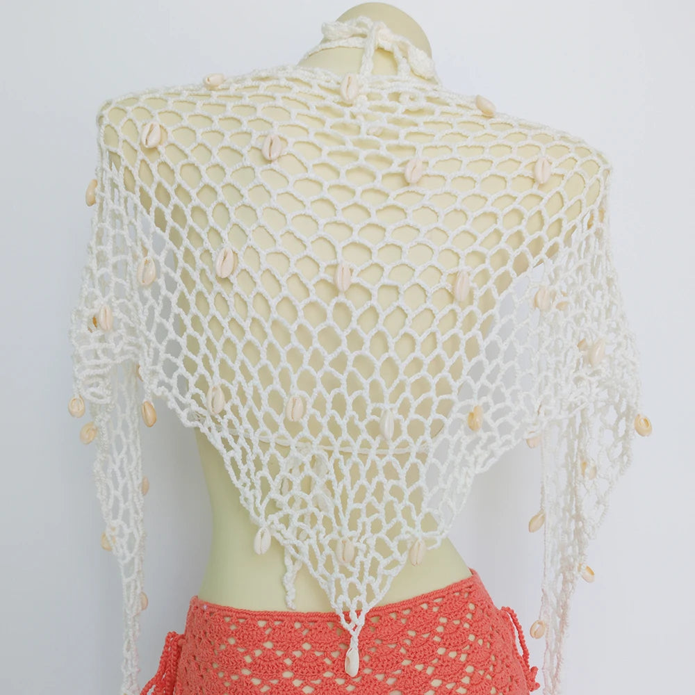 Women Triangle Shawl With Seashell Sexy Bikini Cover Up Sunscreen Nets Skirt Mesh Tunic Pareo Beachwear - Matrix Studios