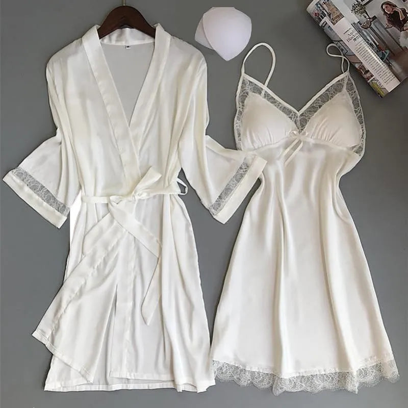 Sexy Women Rayon Kimono Bathrobe WHITE Bride Bridesmaid Wedding Robe Set Lace Trim Sleepwear Casual Home Clothes Nightwear - Matrix-studios.com