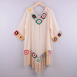 CROCHET BIKINI White Bikini Cover Up With Fringe Trim Women Sexy Hollow Tunic Beach Dress Summer Bathing Suit Beachwear - Matrix Studios