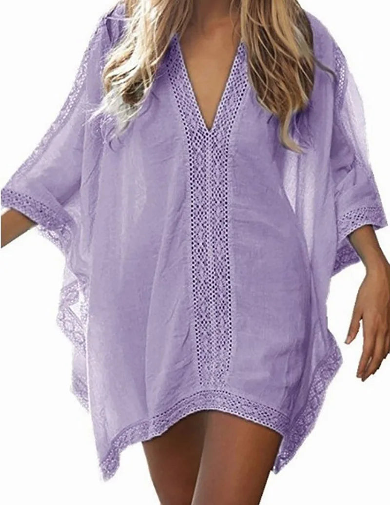 Sexy Beach Cover Up Women Bikini Pocket Swimsuit Cover Up Hollow Out T-shirt White Bathing Suit Cover-Ups Tunics Beachwear Robe - Matrix Studios