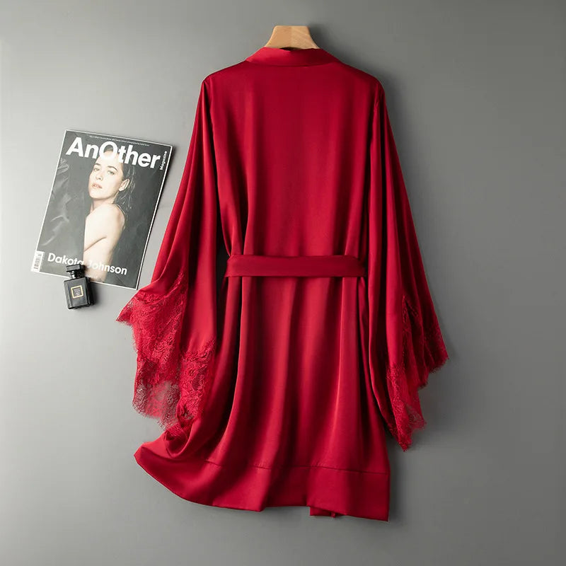 Sexy Robe With Lace Satin Women Nightgown Kimono Bathrobe Gown Pink Nightdress Bride Bridesmaid Wedding Gown Home Clothes - Matrix-studios.com