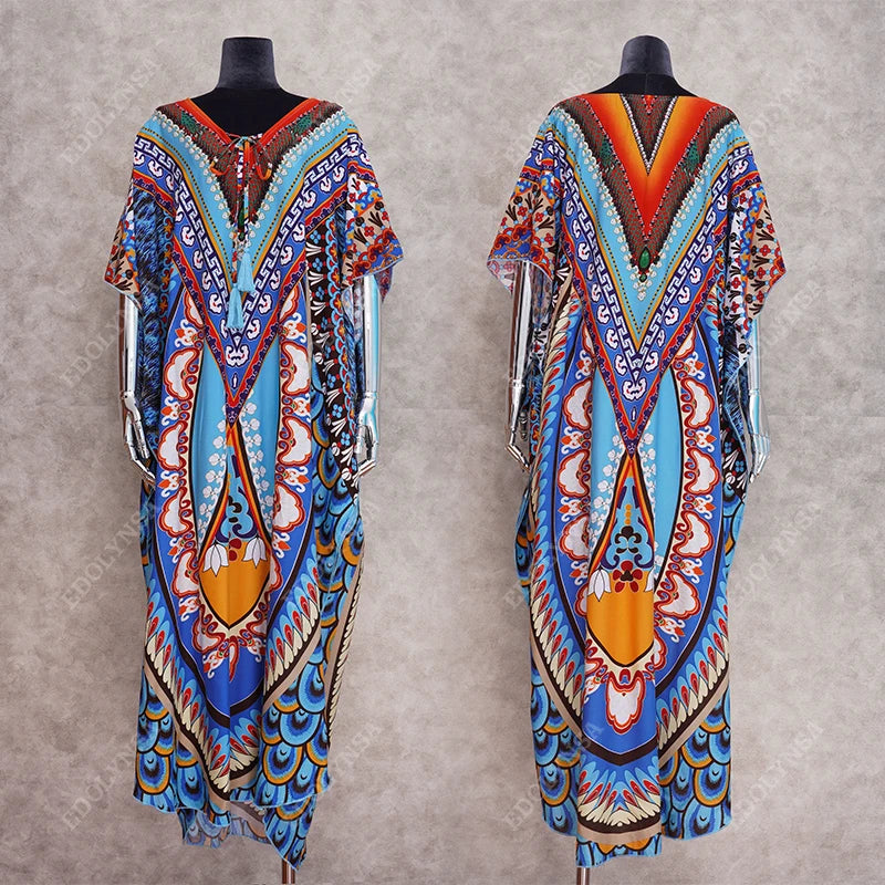 Bohemian Kaftan Beach Tunic Cotton Beach Cover up Saida de Praia Swimsuit Women Bikini cover up Pareo Sarong Beachwear #Q956 - Matrix Studios