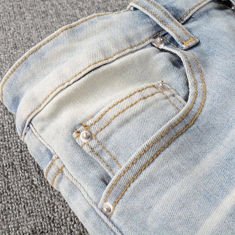 Men Crystal Holes Ripped Patchwork Jeans Streetwear Light Blue Denim Slim Skinny Pencil Pants Trousers - Matrix Studios