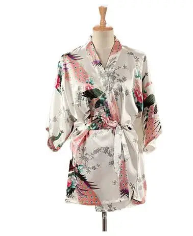 Lace Up Woman Peacock Print Japanese Kimono Yukata Silk Satin Short Style Sleepwear Home Nightgown Bath Robe Costume - Matrix-studios.com