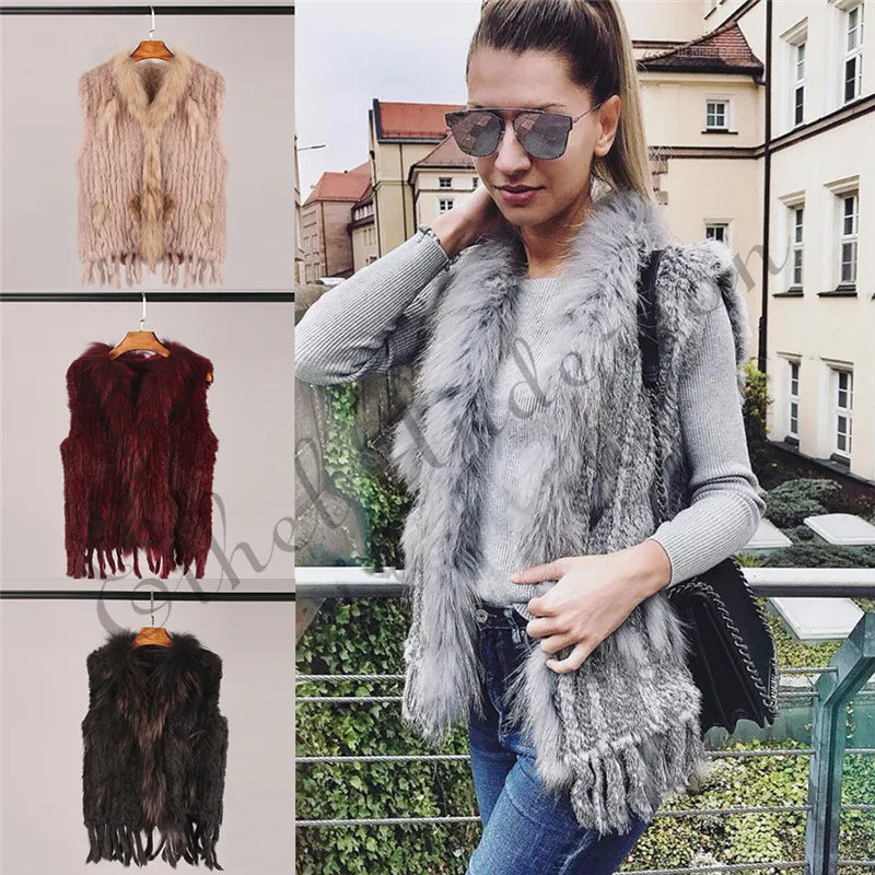 Women's Real Rabbit Fur Vest Knit Natural Leather Tassel Waistcoat Raccoon Fur Collar Winter Knitted Jacket Coat Wholesale - Matrix Studios