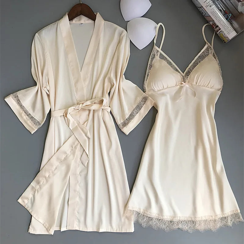 Sexy Women Rayon Kimono Bathrobe WHITE Bride Bridesmaid Wedding Robe Set Lace Trim Sleepwear Casual Home Clothes Nightwear - Matrix-studios.com