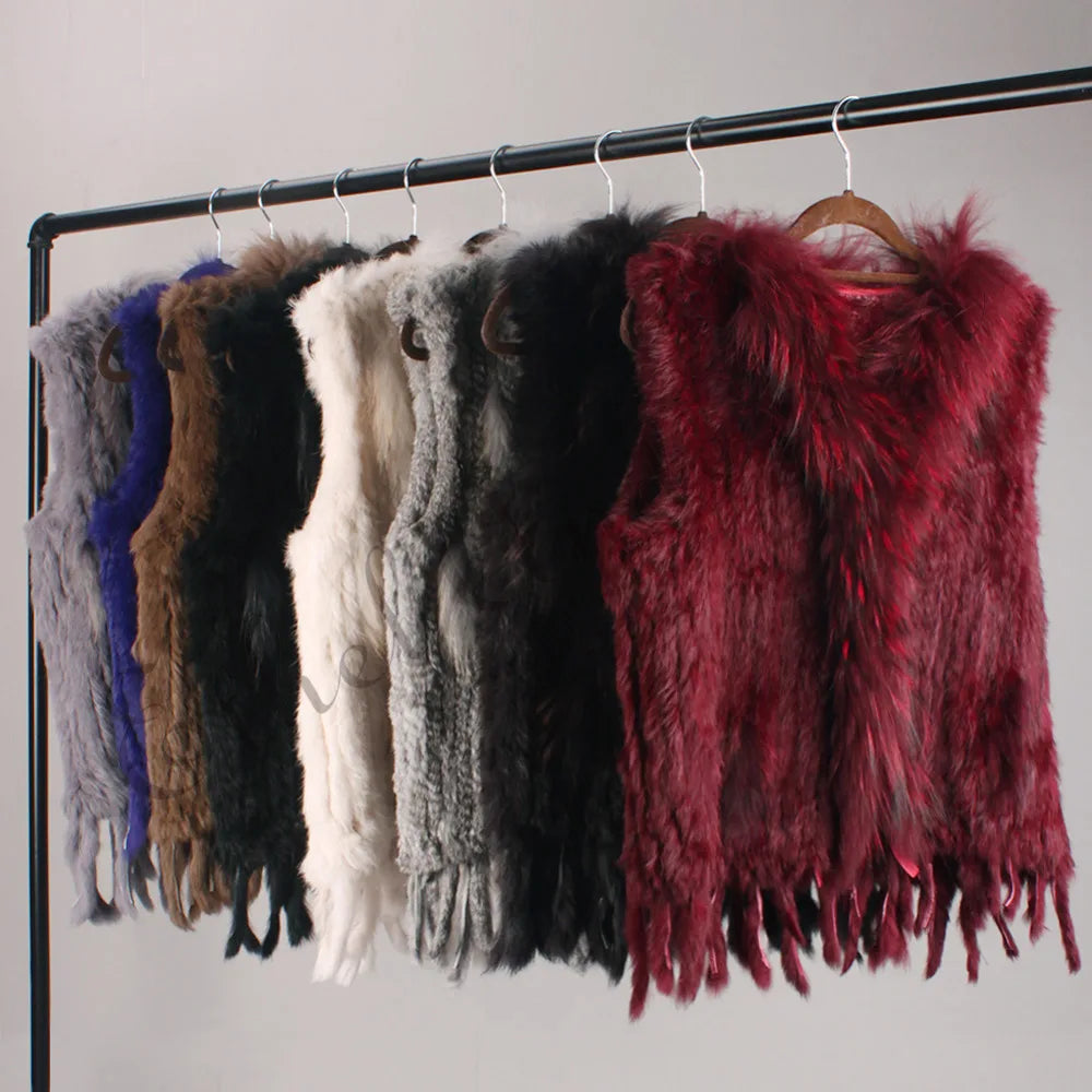 Women's Real Rabbit Fur Vest Knit Natural Leather Tassel Waistcoat Raccoon Fur Collar Winter Knitted Jacket Coat Wholesale - Matrix Studios