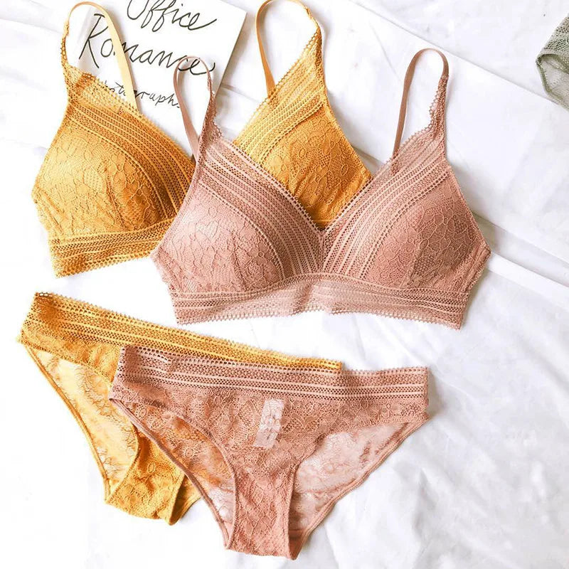 New Women 4 Colour Underwear French Wire-Free Ultra-thin Bralette Sexy Lace Triangle Cup Push Up Bra Set Cotton Bra and Panties - Matrix-studios.com