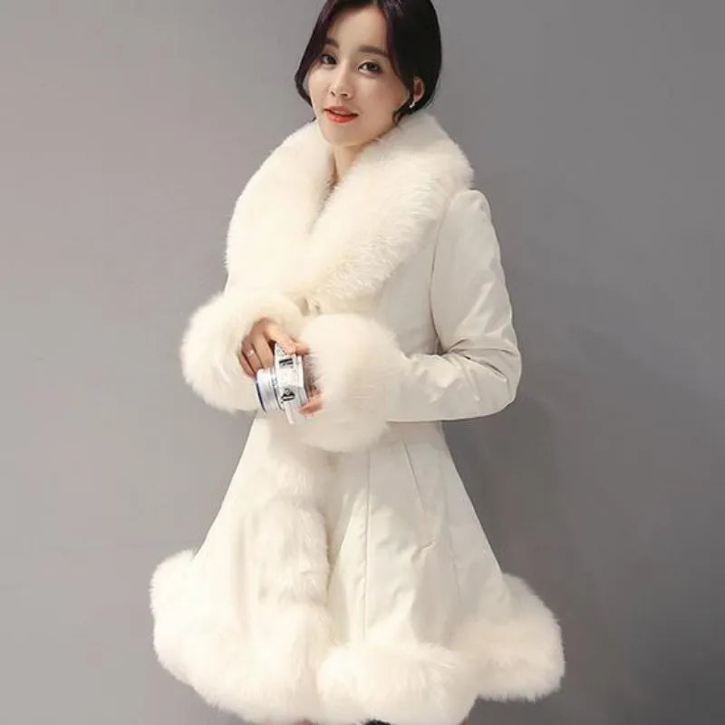 New Fashion Womens Big Faux Fur Coats Fur Collar Leather Mid Long Parkas Winter Female Warm Fur Outwear Beige Coats Clothes - Matrix Studios
