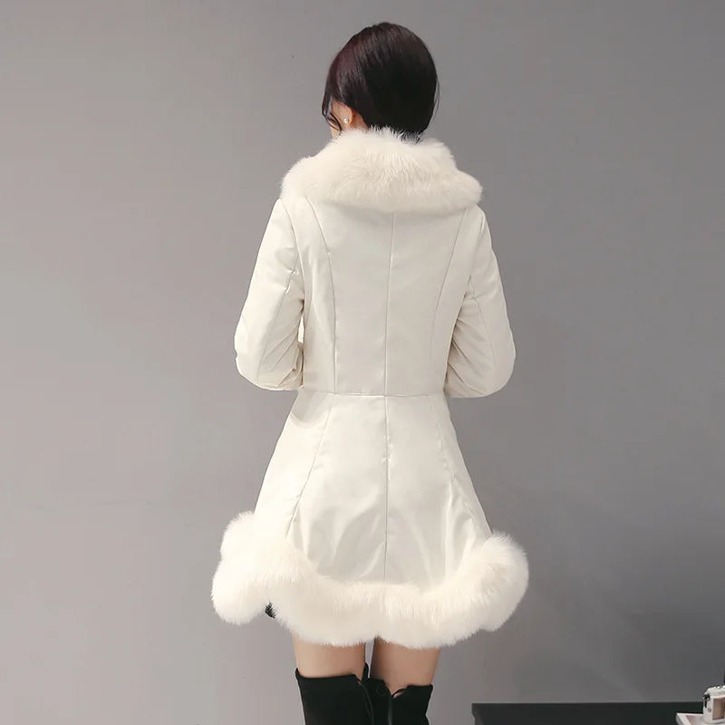 New Fashion Womens Big Faux Fur Coats Fur Collar Leather Mid Long Parkas Winter Female Warm Fur Outwear Beige Coats Clothes - Matrix Studios