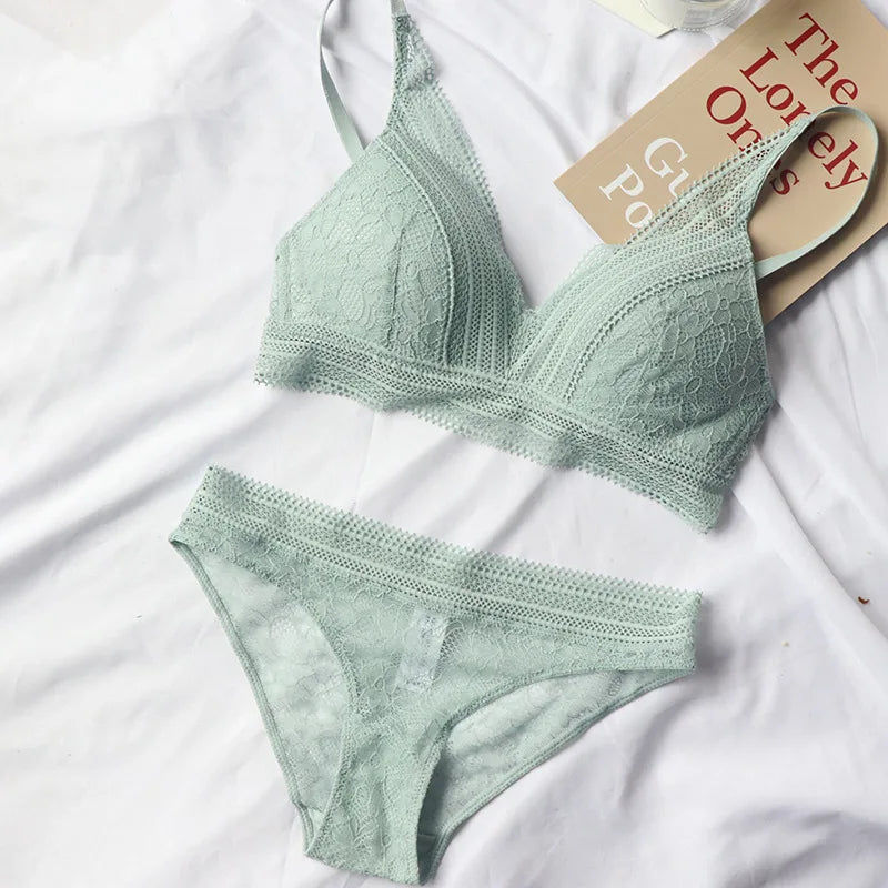 New Women 4 Colour Underwear French Wire-Free Ultra-thin Bralette Sexy Lace Triangle Cup Push Up Bra Set Cotton Bra and Panties - Matrix-studios.com