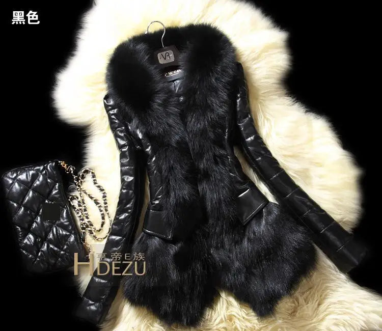 PU Leather Faux Fur Women Coat 2021 Casual Fluffy Coat Black Faux Fur Collar Jacket Coat - Matrix Studios