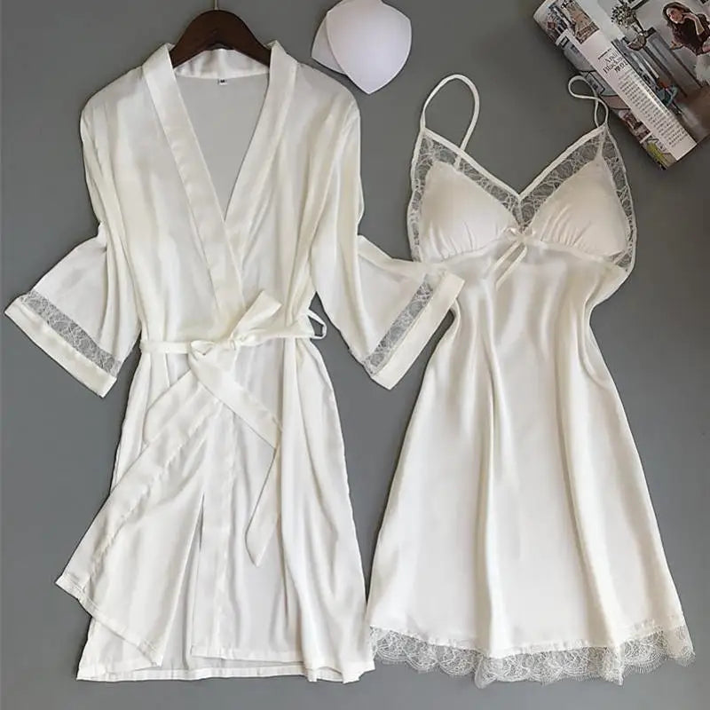 Sexy Women Rayon Kimono Bathrobe WHITE Bride Bridesmaid Wedding Robe Set Lace Trim Sleepwear Casual Home Clothes Nightwear - Matrix-studios.com