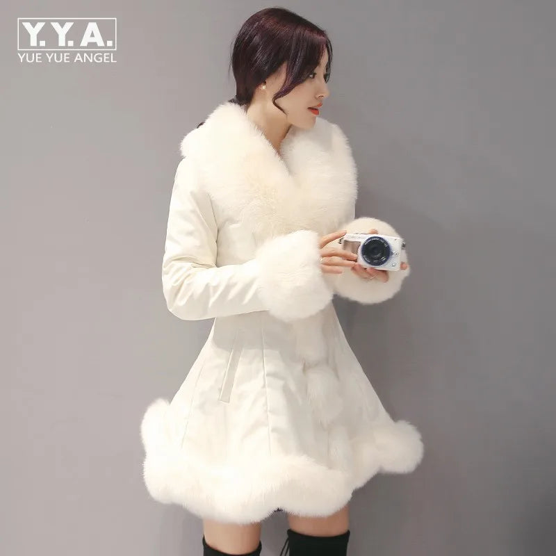 New Fashion Womens Big Faux Fur Coats Fur Collar Leather Mid Long Parkas Winter Female Warm Fur Outwear Beige Coats Clothes - Matrix Studios