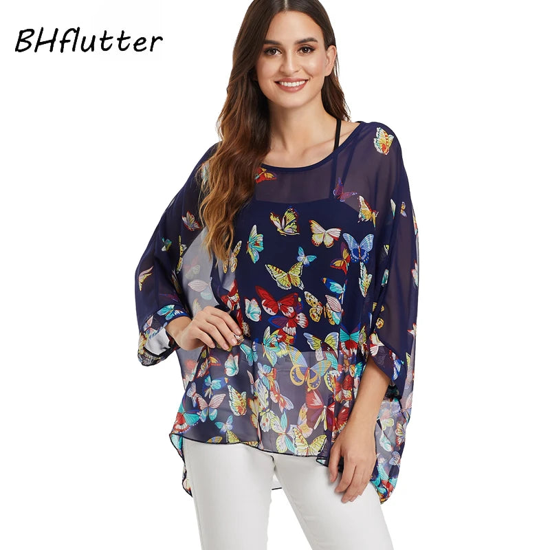 BHflutter White Blouse Shirt Women Fashion Batwing Casual Summer Tops Tees Ladies Print Chiffon Blouses Streetwear Plus Size - Matrix-studios.com
