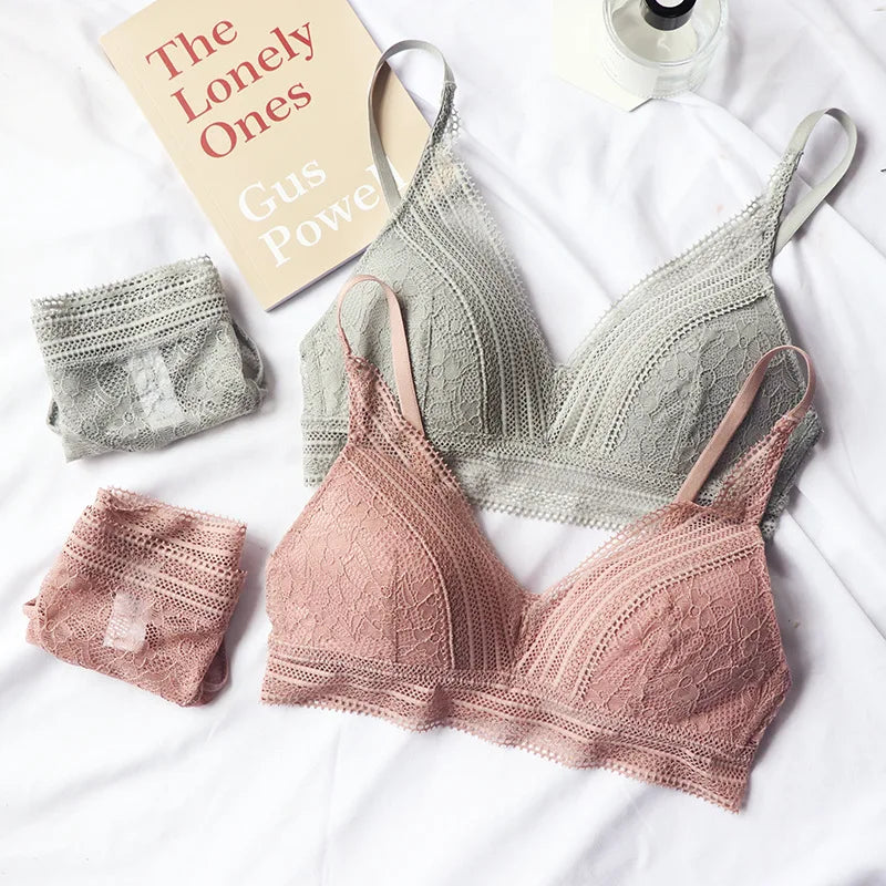 New Women 4 Colour Underwear French Wire-Free Ultra-thin Bralette Sexy Lace Triangle Cup Push Up Bra Set Cotton Bra and Panties - Matrix-studios.com