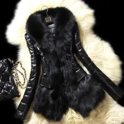 PU Leather Faux Fur Women Coat 2021 Casual Fluffy Coat Black Faux Fur Collar Jacket Coat - Matrix Studios