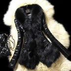 PU Leather Faux Fur Women Coat 2021 Casual Fluffy Coat Black Faux Fur Collar Jacket Coat - Matrix Studios