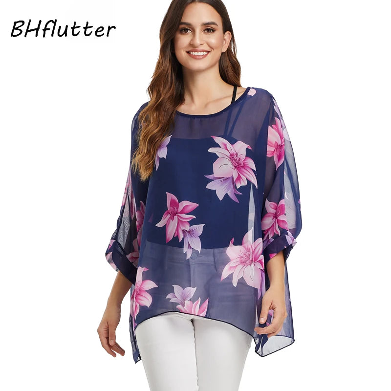 BHflutter White Blouse Shirt Women Fashion Batwing Casual Summer Tops Tees Ladies Print Chiffon Blouses Streetwear Plus Size - Matrix-studios.com
