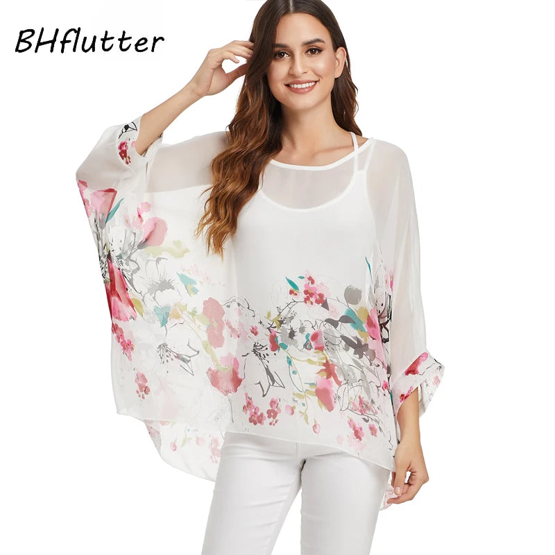 BHflutter White Blouse Shirt Women Fashion Batwing Casual Summer Tops Tees Ladies Print Chiffon Blouses Streetwear Plus Size - Matrix-studios.com
