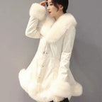 New Fashion Womens Big Faux Fur Coats Fur Collar Leather Mid Long Parkas Winter Female Warm Fur Outwear Beige Coats Clothes - Matrix Studios