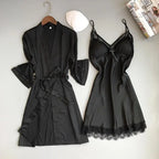Sexy Women Rayon Kimono Bathrobe WHITE Bride Bridesmaid Wedding Robe Set Lace Trim Sleepwear Casual Home Clothes Nightwear - Matrix-studios.com