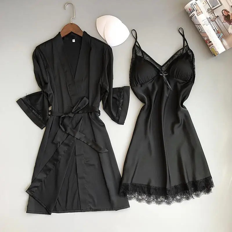 Sexy Women Rayon Kimono Bathrobe WHITE Bride Bridesmaid Wedding Robe Set Lace Trim Sleepwear Casual Home Clothes Nightwear - Matrix-studios.com