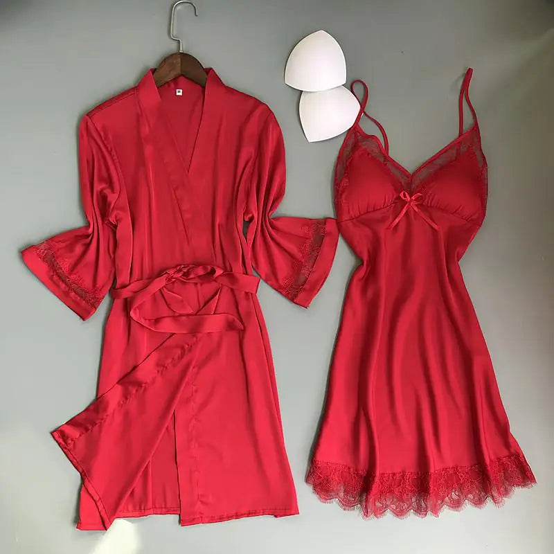 Sexy Women Rayon Kimono Bathrobe WHITE Bride Bridesmaid Wedding Robe Set Lace Trim Sleepwear Casual Home Clothes Nightwear - Matrix-studios.com