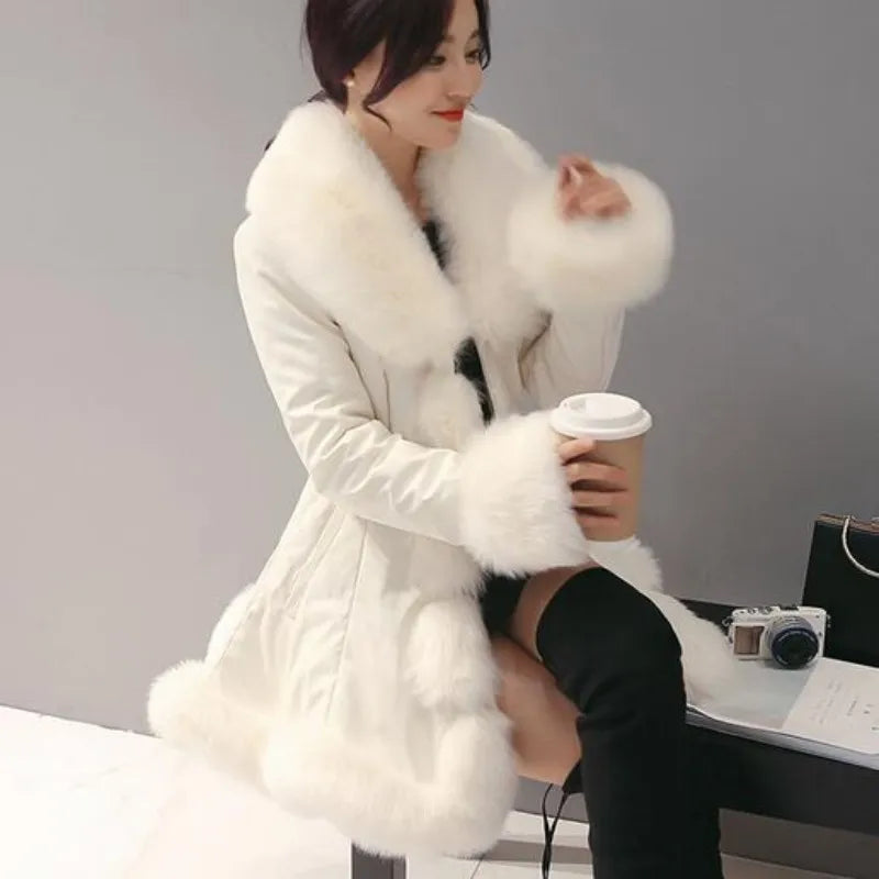 New Fashion Womens Big Faux Fur Coats Fur Collar Leather Mid Long Parkas Winter Female Warm Fur Outwear Beige Coats Clothes - Matrix Studios