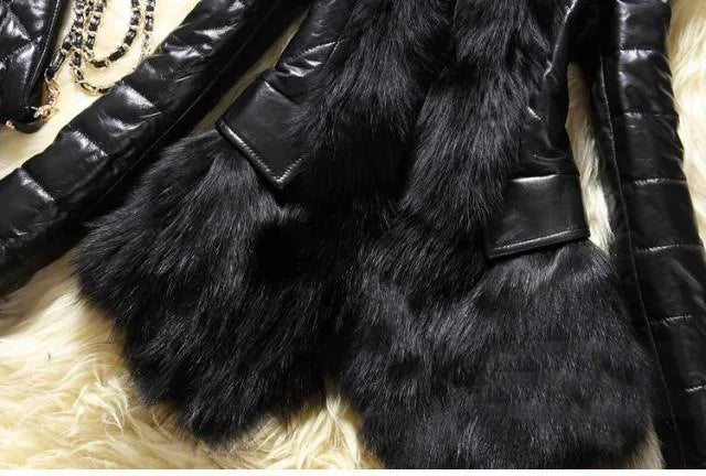 PU Leather Faux Fur Women Coat 2021 Casual Fluffy Coat Black Faux Fur Collar Jacket Coat - Matrix Studios