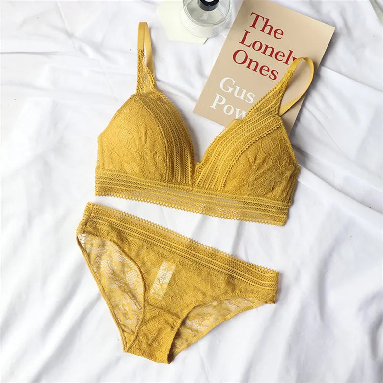 New Women 4 Colour Underwear French Wire-Free Ultra-thin Bralette Sexy Lace Triangle Cup Push Up Bra Set Cotton Bra and Panties - Matrix-studios.com