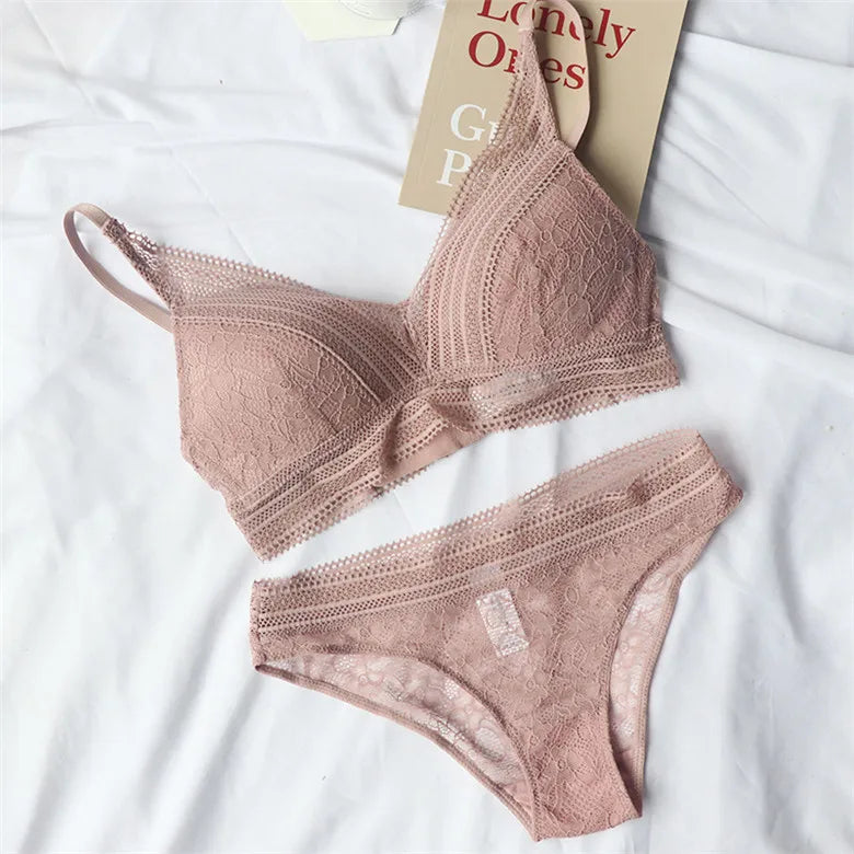 New Women 4 Colour Underwear French Wire-Free Ultra-thin Bralette Sexy Lace Triangle Cup Push Up Bra Set Cotton Bra and Panties - Matrix-studios.com
