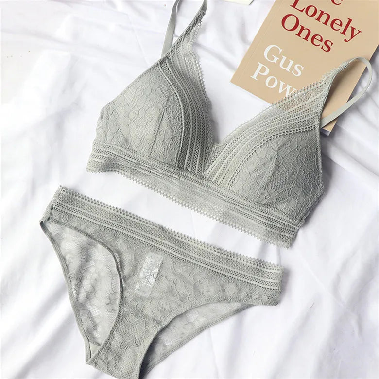 New Women 4 Colour Underwear French Wire-Free Ultra-thin Bralette Sexy Lace Triangle Cup Push Up Bra Set Cotton Bra and Panties - Matrix-studios.com