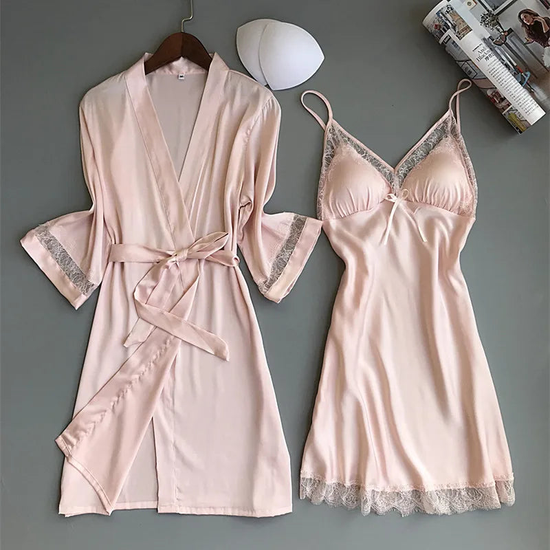 Sexy Women Rayon Kimono Bathrobe WHITE Bride Bridesmaid Wedding Robe Set Lace Trim Sleepwear Casual Home Clothes Nightwear - Matrix-studios.com