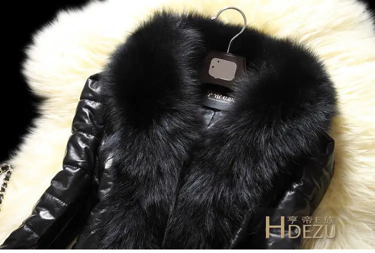 PU Leather Faux Fur Women Coat 2021 Casual Fluffy Coat Black Faux Fur Collar Jacket Coat - Matrix Studios