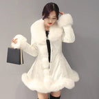 New Fashion Womens Big Faux Fur Coats Fur Collar Leather Mid Long Parkas Winter Female Warm Fur Outwear Beige Coats Clothes - Matrix Studios