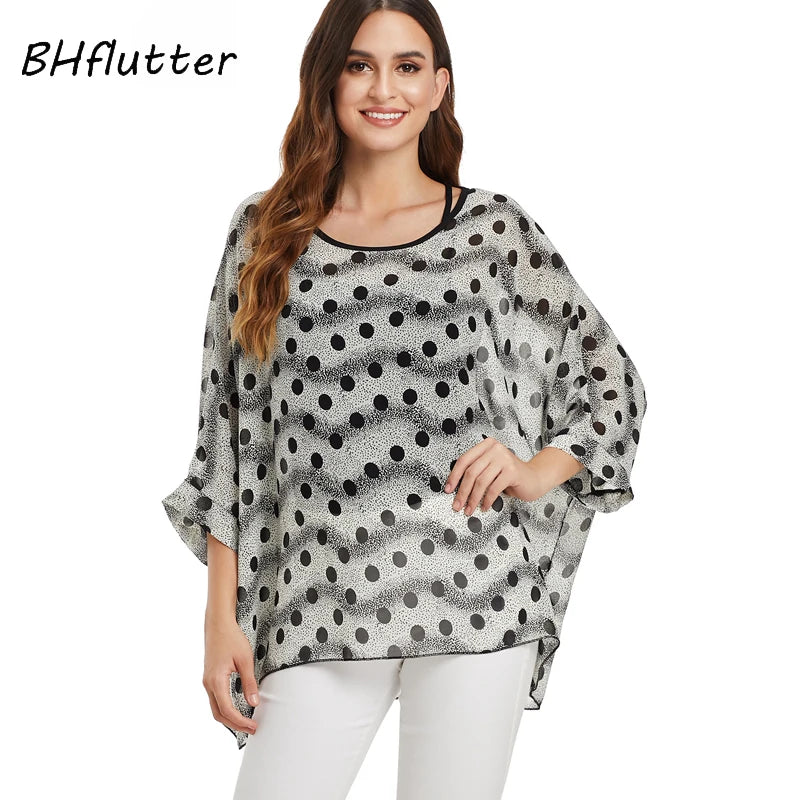 BHflutter White Blouse Shirt Women Fashion Batwing Casual Summer Tops Tees Ladies Print Chiffon Blouses Streetwear Plus Size - Matrix-studios.com