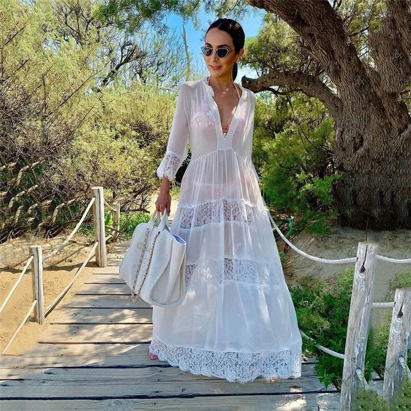 Women Swimsuit Crochet Beach Cover Up Dress Sleeve Kaftan Beach Tunic Long Pareos Bikinis Cover Ups Summer Robe Plage Beachwear - Matrix Studios