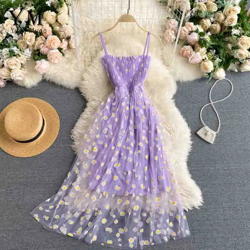 YuooMuoo Korean Fashion Daisy Flower Print Mesh Party Dress Summer Two Layers Spaghetti Strap Vacation Midi Dress Beach Vestidos - Matrix-studios.com