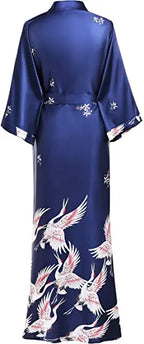 Print Crane Lady Kimono Bathrobe Gown Women Wedding Robe Loose Soft Satin Nightgown Sleepwear V-neck Long Novelty Nightwear - Matrix-studios.com