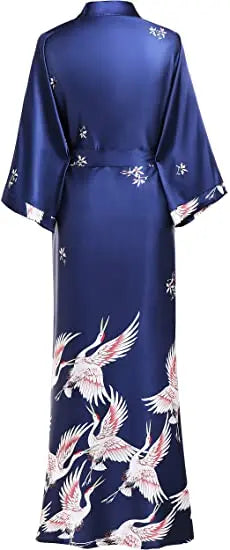 Print Crane Lady Kimono Bathrobe Gown Women Wedding Robe Loose Soft Satin Nightgown Sleepwear V-neck Long Novelty Nightwear - Matrix-studios.com