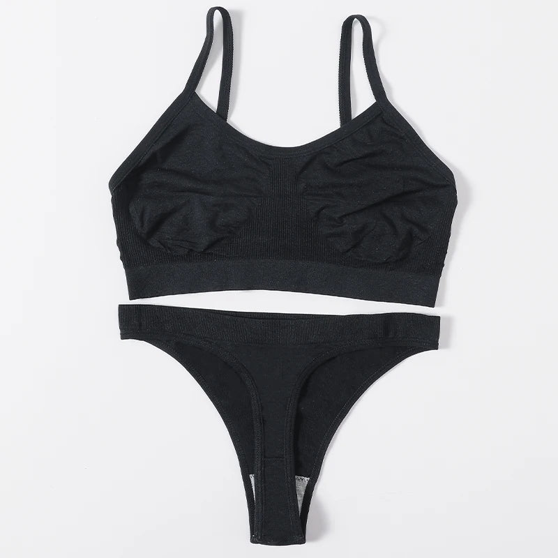 Women Seamless Bra And Panties Set Wire Free Bralette High Leg Cut Thongs Comfort Ribbed Unlined Underwear Sexy Lingerie Set - Matrix-studios.com