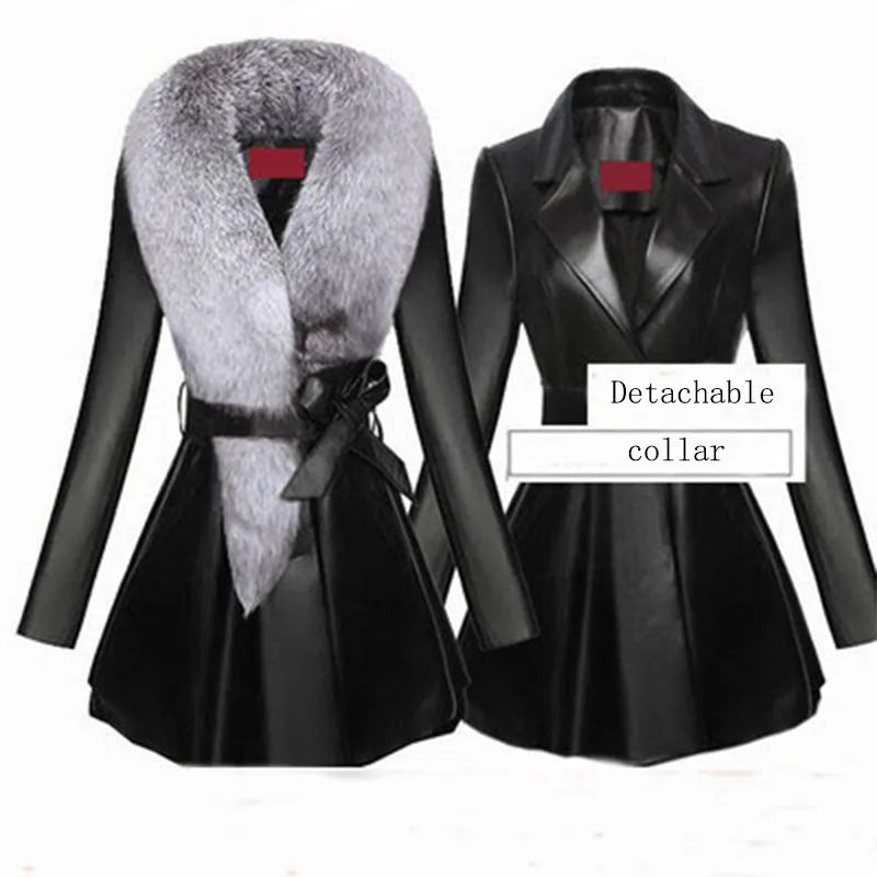 Faux Fur Coat Women Winter Female Sheepskin Coats Pure Color Faux Fox Fur Collars Snap Fastener Furs - Matrix Studios
