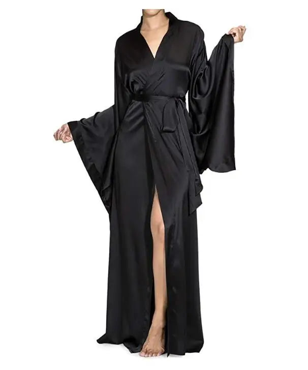 2019 New Solid Robes Women Black Red Long Sleeve Nightgown Ladies Girls Silk Satin Smooth Spring Lace Sleepwear Female Bathrobe - Matrix-studios.com
