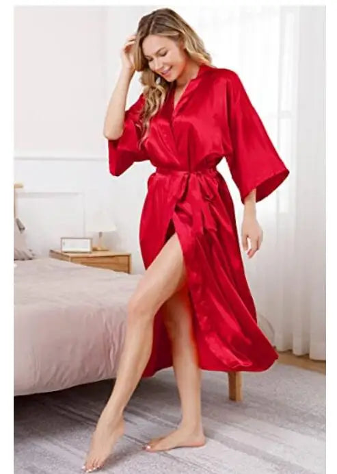 Plus Size S-XXXL Rayon Bathrobe Womens Kimono Satin Long Robe Sexy Lingerie Classic Nightgown Sleepwear with Belt - Matrix-studios.com
