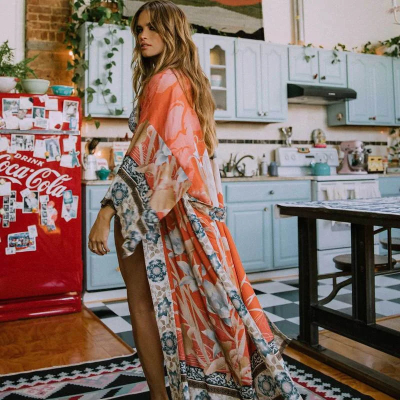 Floal Bikini Cover-ups Pink Boho Print Self Belted Front Open Long Kimono Dress Beach Tunic Women Swim Suit Cover Up - Matrix Studios