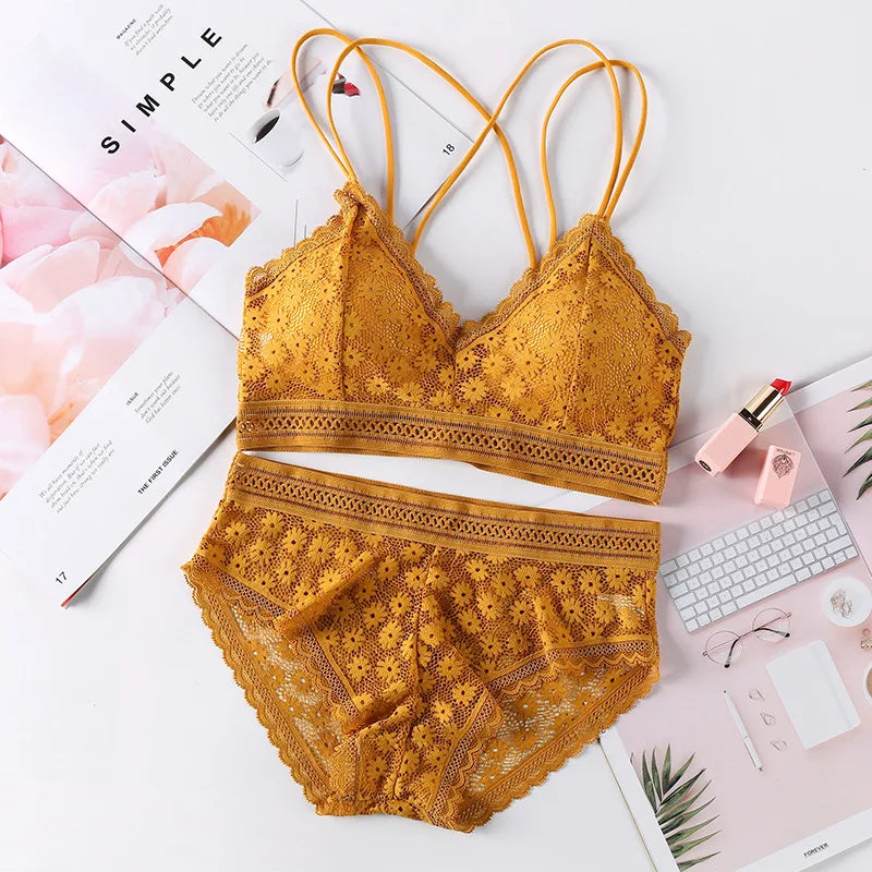 Women Lace Bra And Briefs Set Backless Bralette Solid Color Underwear Wireless Lace Bra Top Sexy Lingerie Set Female Intimates - Matrix-studios.com