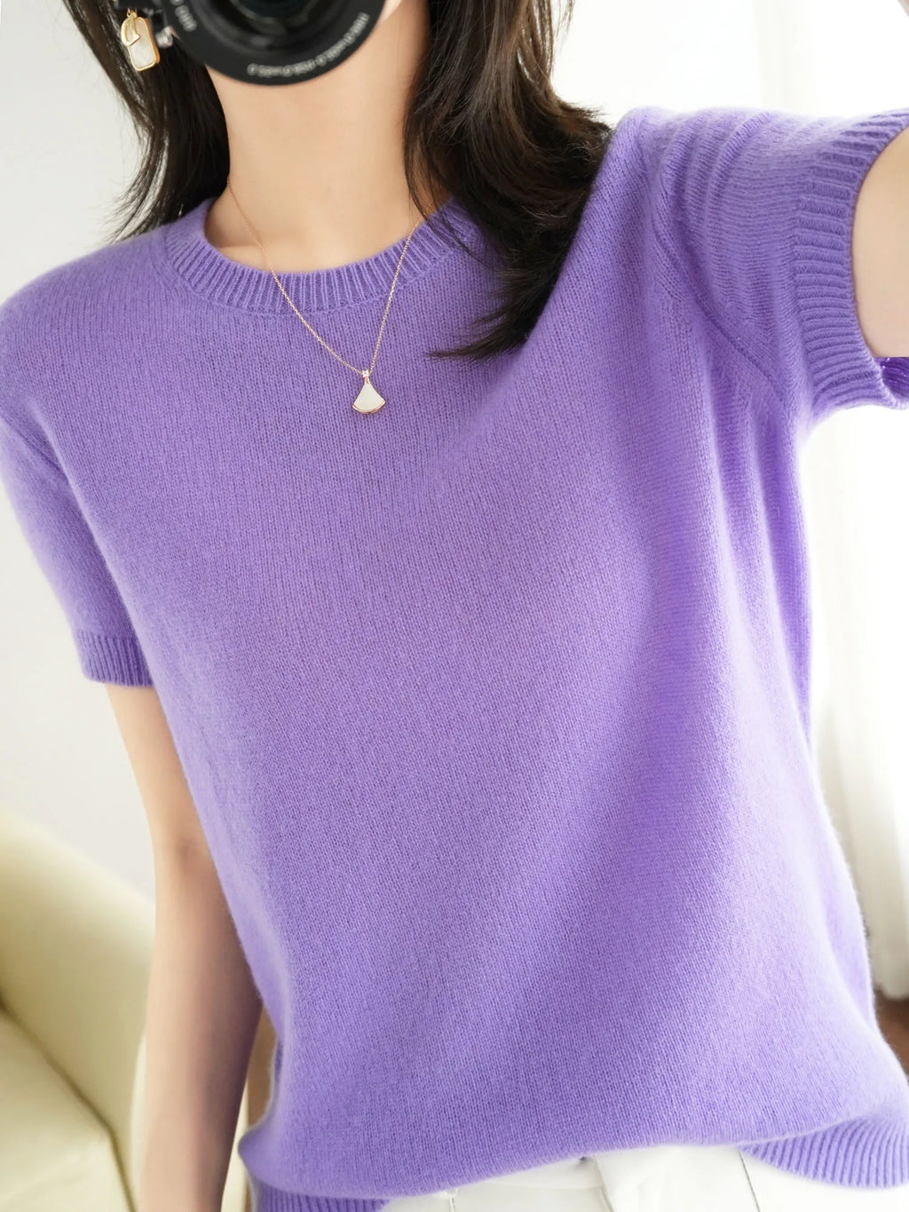 New Short-sleeved Knitwear Women O-neck T-shirt Wool Cotton Blend Pullover Vest Sprig Summer Bottoming Tops Sweater Solid Soft - Matrix Studios